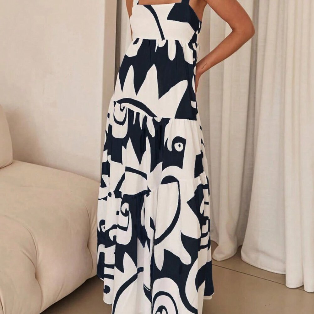 Black Casual Women's Holiday Random Printed Swing Maxi Cami Dress - Picture 3 of 4